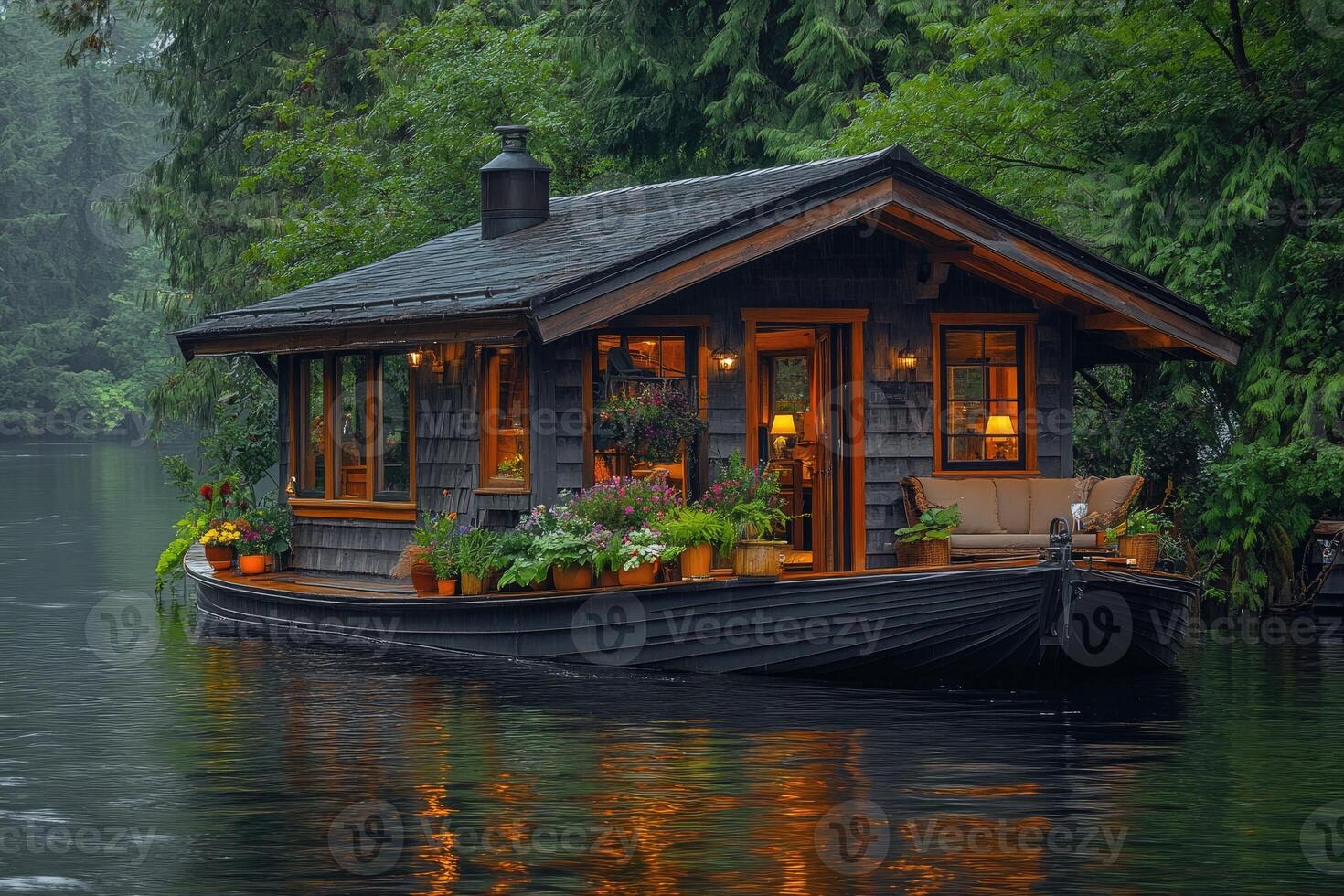 Cozy floating house reflecting on calm lake at sunset photo