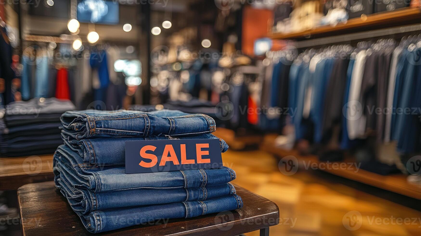Stack of blue jeans with sale sign displaying on wooden table in clothing store.. photo