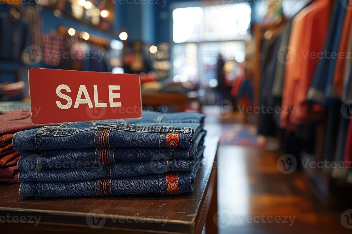 Stack of blue jeans on sale in a clothing store. photo