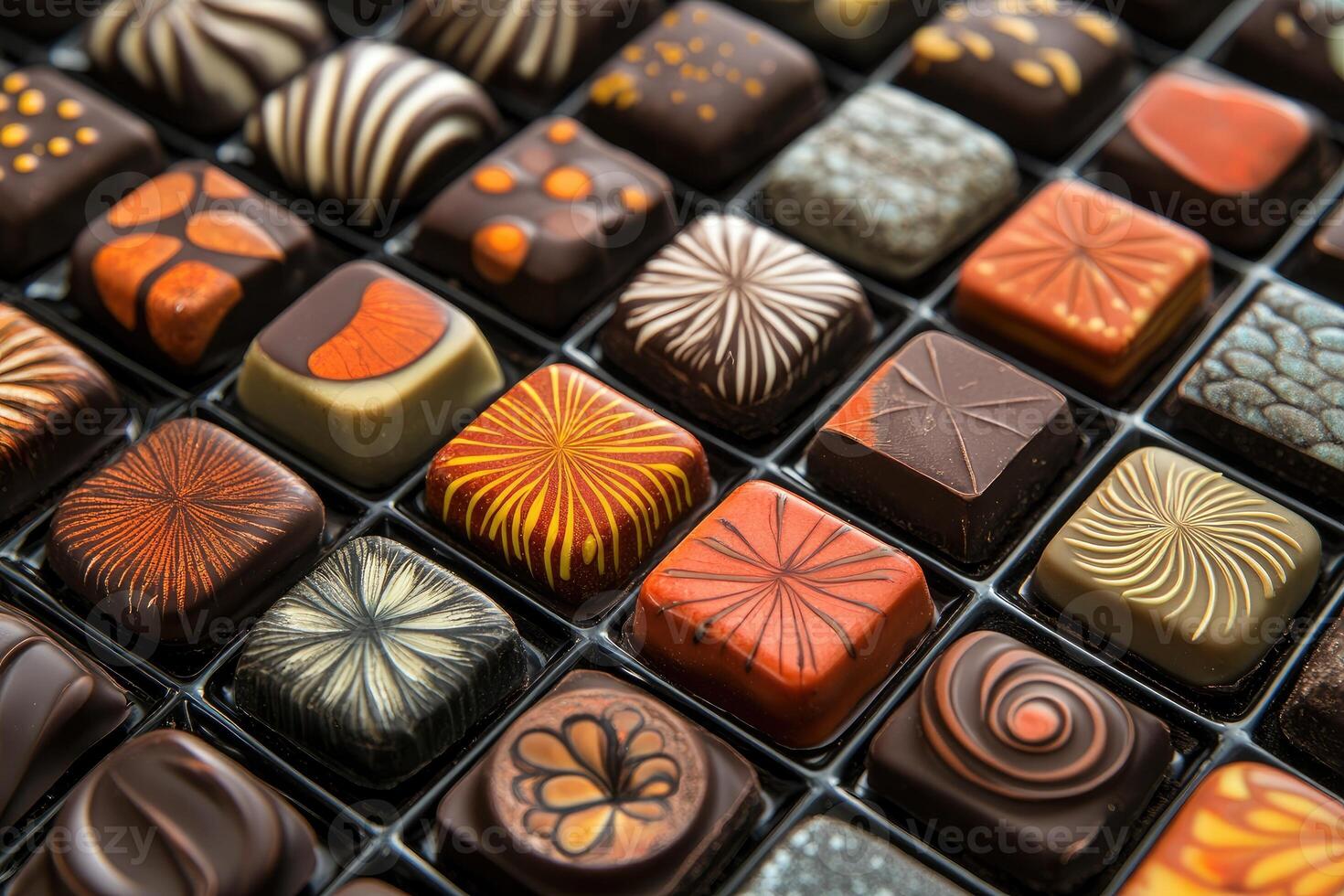 Box of delicious gourmet chocolates showing artistic decoration photo