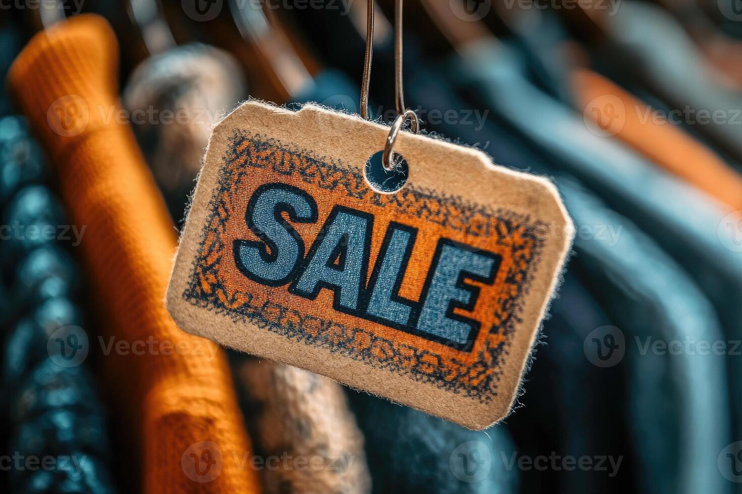 Vibrant clothing sale tag hanging on rack photo