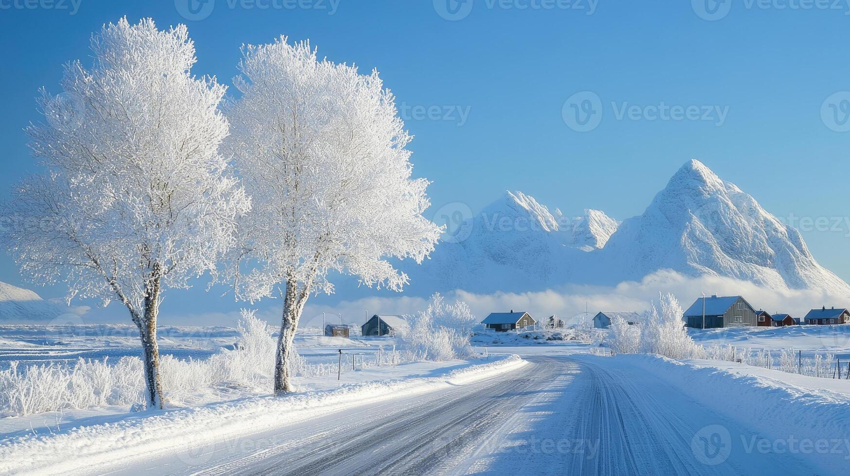 Snowy road leading to houses in a small village in lofoten islands, norway, during winter.. photo