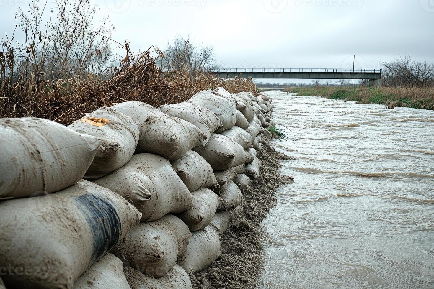 Sandbags protecting river bank from flooding under bridge.. photo