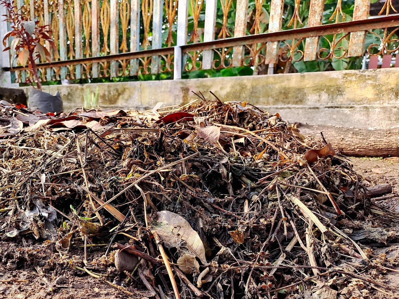A pile of dirt and leaves on the ground photo