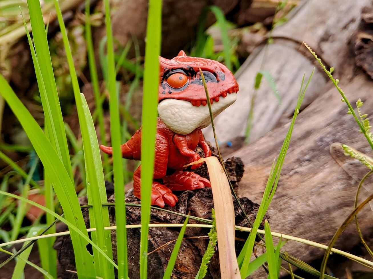 A vibrant red dinosaur toy peeking through tall grass, creating a sense of adventure and exploration photo