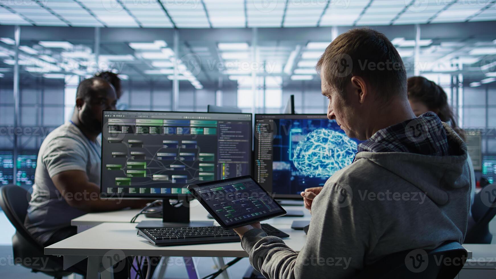 Computer scientist in data center uses artificial intelligence neural networks doing computing processes. IT specialist working on tablet with AI machine learning algorithms, camera B photo