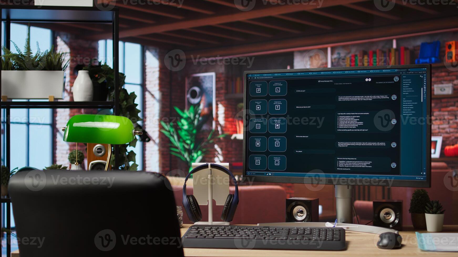 Computer setup in bright apartment showing large language model program. PC monitor in cozy home office with AI LLM chatbot answering user prompts using neural network tech photo