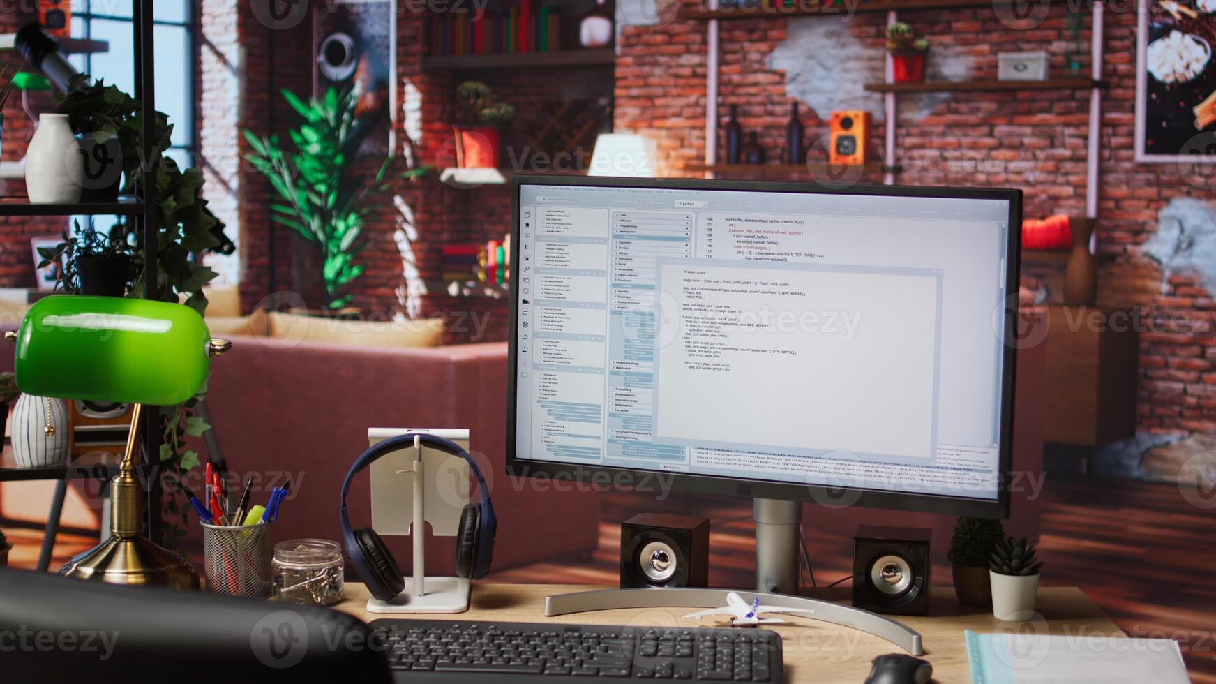 Programming code on PC display used for developing software programs. Binary script on computer at home used for fixing errors in applications and implementing new features, jib up shot photo