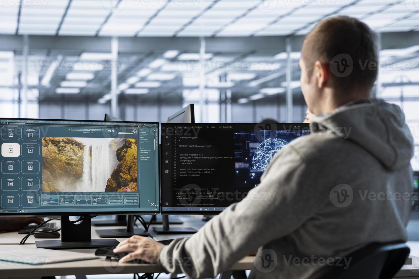 Computer scientist in server farm making generative artificial intelligence website generating videos using diffusion model algorithms. IT expert in office coding AI virtual assistant producing clips photo