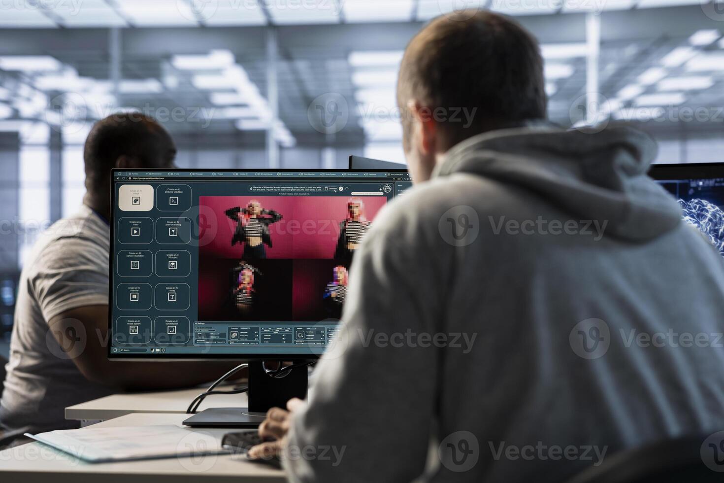 Technician in server hub making generative artificial intelligence website generating videos using diffusion model algorithms. Employee coding AI virtual assistant producing clips photo