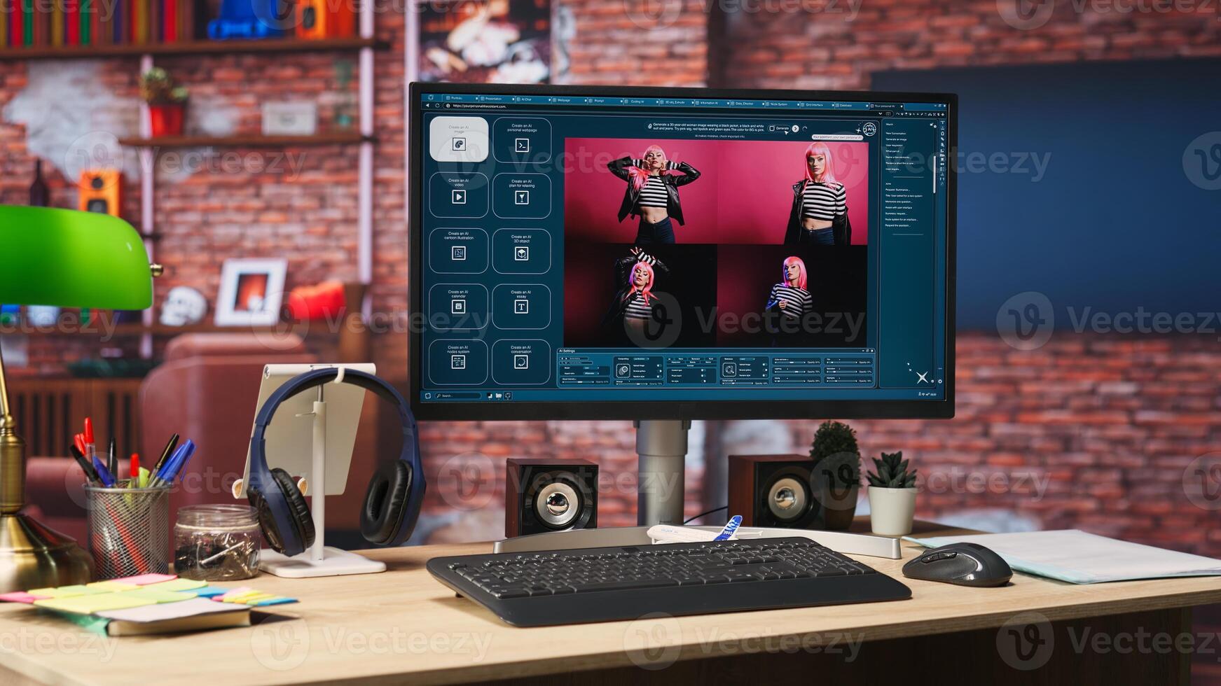 Computer in home office showing program converting text prompts into photo output, close up. Text to image generative models AI tech software on computer display in apartment, handheld camera shot