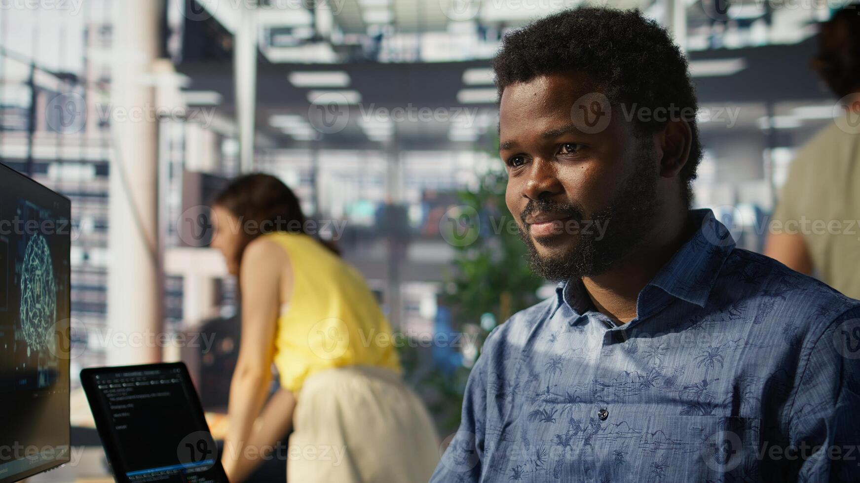 Man doing data entry, typing on keyboard on PC, solving tasks. Close up of office clerk in workspace making sure documents are compliant with quality assurance expectations and standards, camera B photo