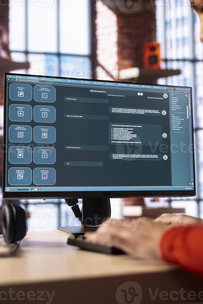 Freelancer employs online AI assistant to automate text generation and solve her daily tasks easily, enhance productivity at the home office. Integration of advanced algorithms and digital tools. photo