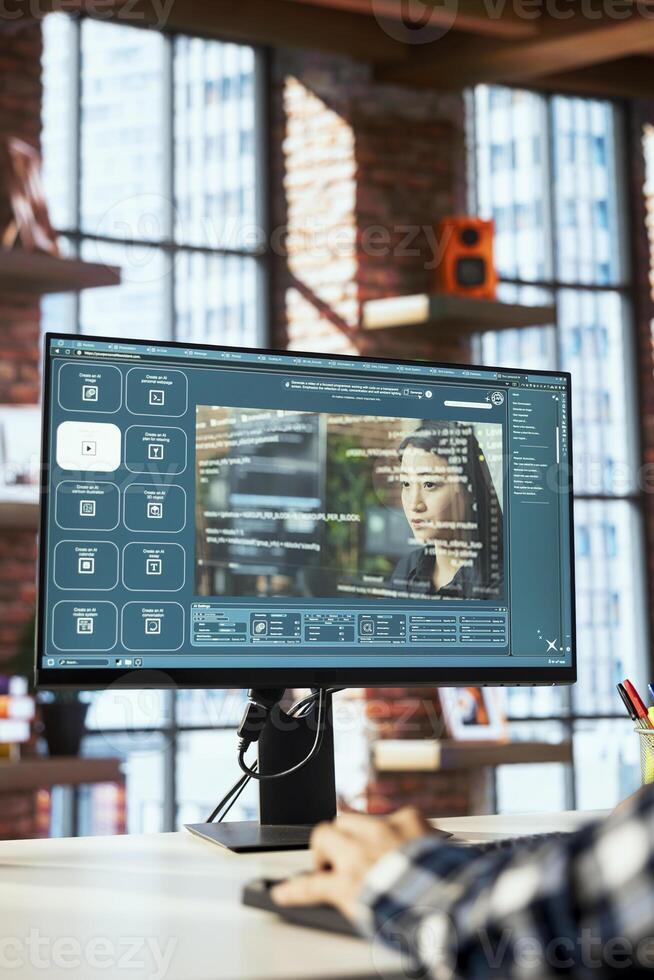 Man sitting at PC using artificial intelligence converting text commands into output. Person at computer desk using AI tech building text to image generative models for GPT text analysis photo