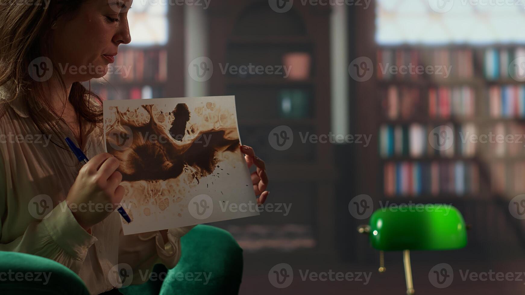 Military veteran studies Rorschach inkblot in therapy session with counselor, addressing PTSD and trauma recovery problems. Woman shows psychological support for mental health care. Camera B. photo