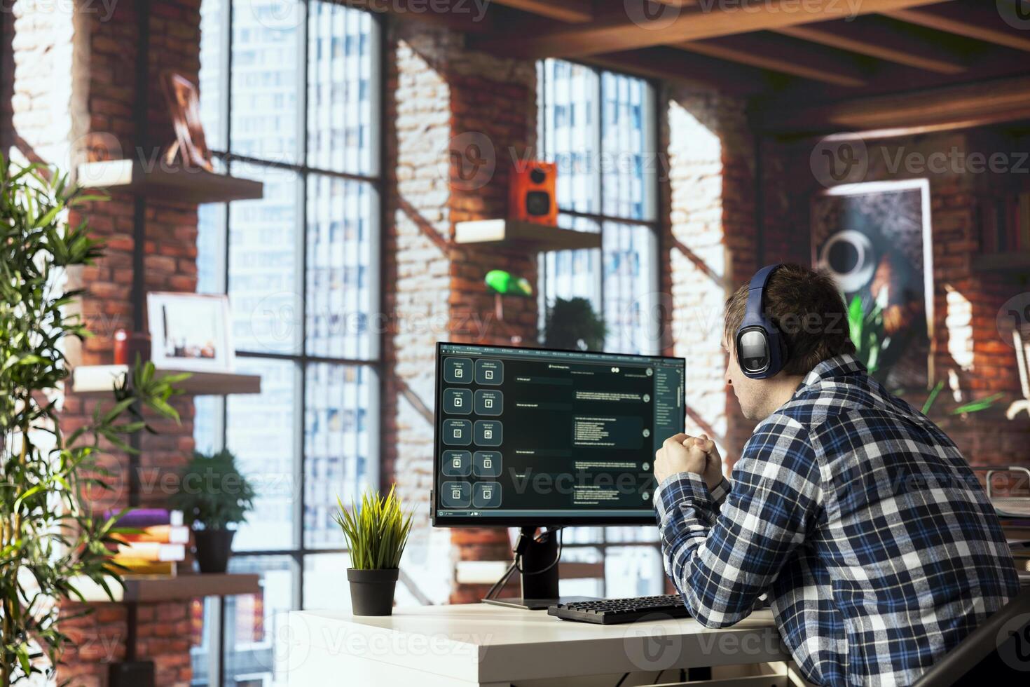 Engineer listening music using AI GPT trained on vast amounts of textual data to understand and produce natural sounding human language. Man wearing headphones uses LLM powered chatbot photo