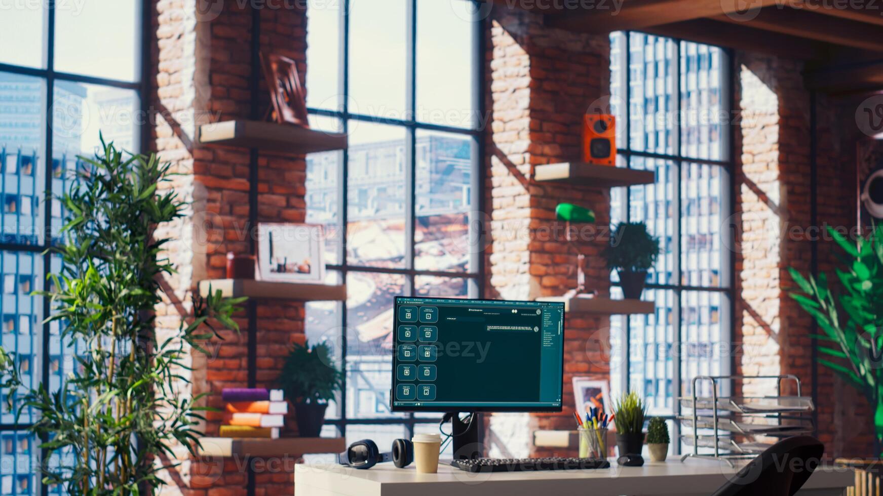 AI LLM chatbot answering user prompts using predictive technology in IT department home office. Computer setup in workspace building large language model program using artificial intelligence photo
