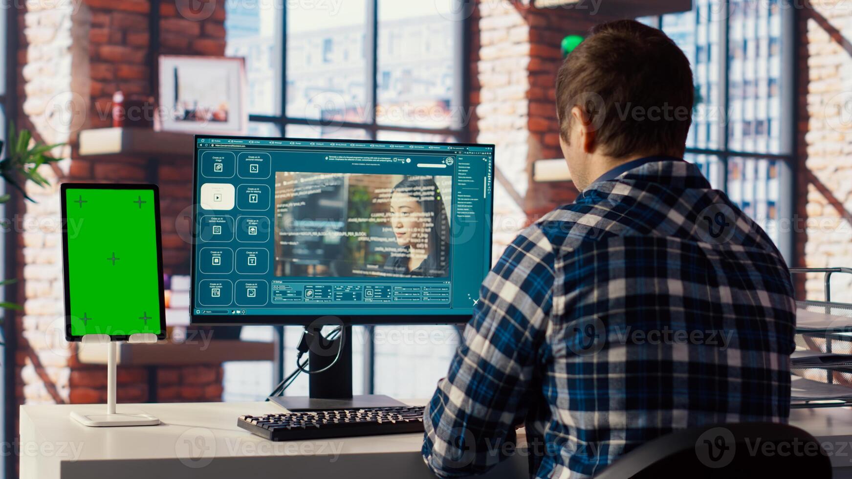 Man looking at tutorial on green screen tablet to learn how to use text to generative models. Man in home office watching guide on mockup device about AI program, camera B photo