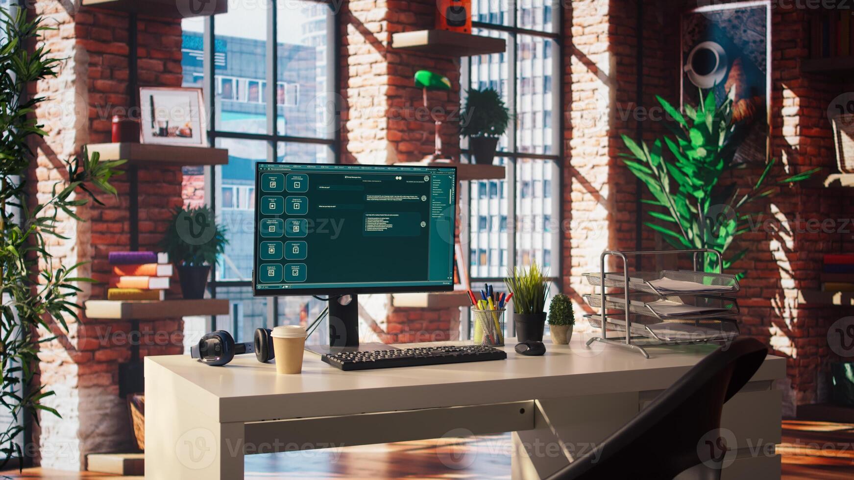 AI LLM chatbot software interface on PC in home office showing virtual assistant answering user prompts. Large language model program on monitor communicating with user through artificial intelligence photo