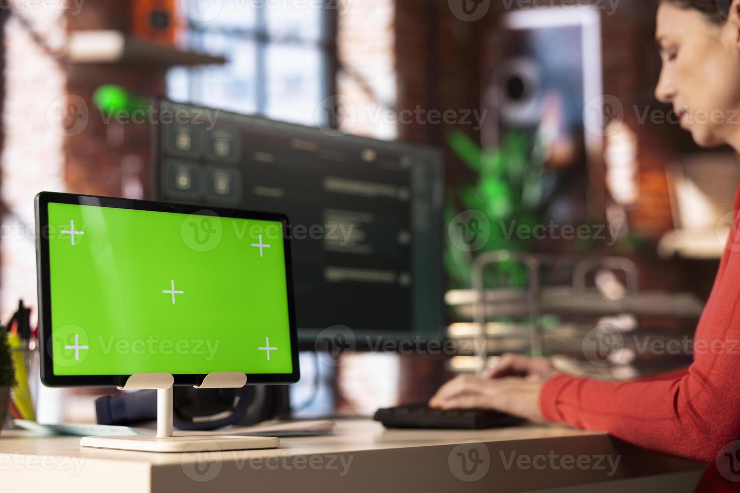 Female freelancer interacting with an AI chatbot next to isolated copy space, smart web software showcases cutting edge artificial intelligence for efficient real time solutions and problem solving. photo