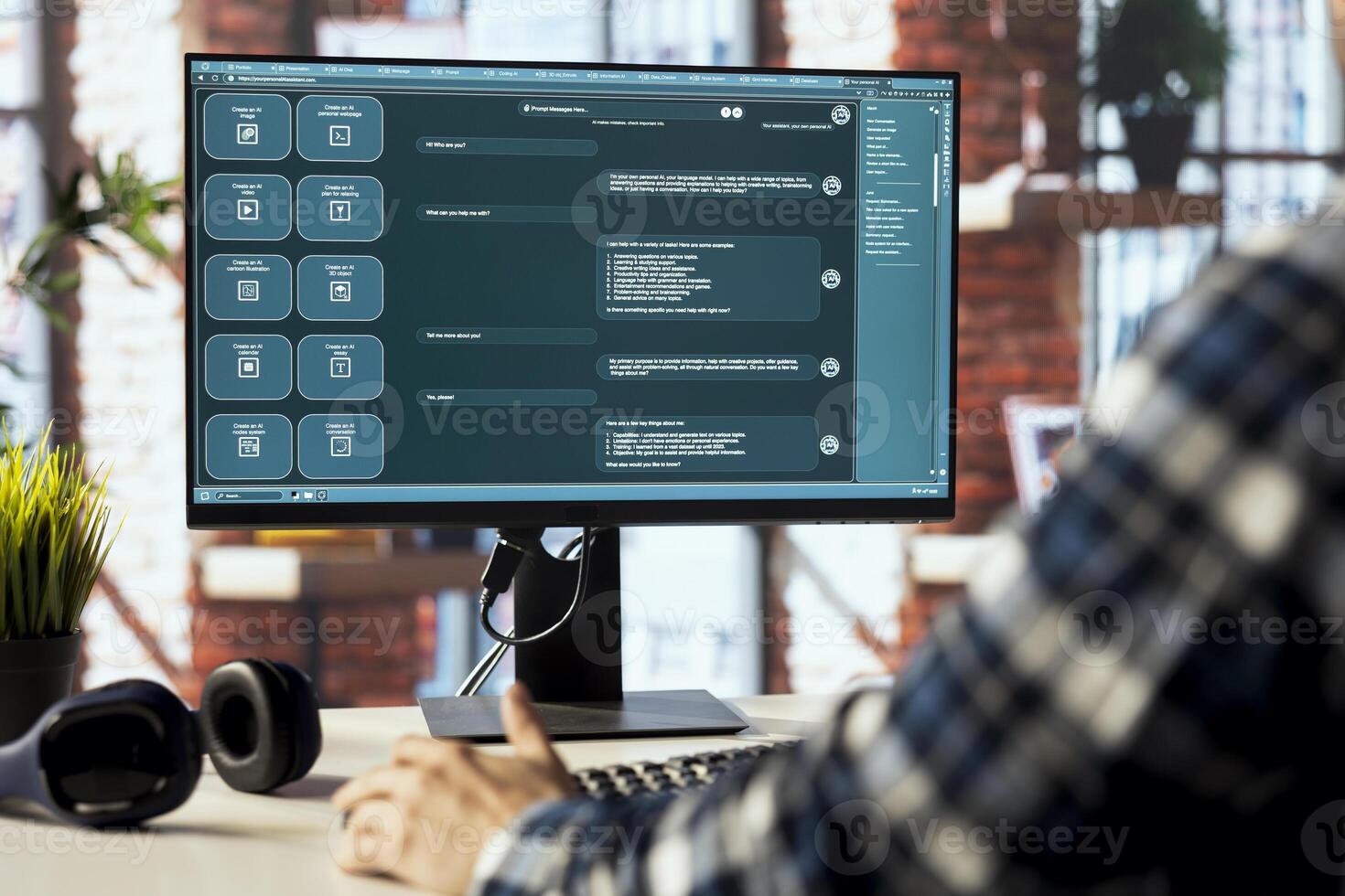 Teleworking man using artificial intelligence GPT trained on textual data to understand and produce natural sounding human language. Close up of LLM powered chatbot on PC display photo