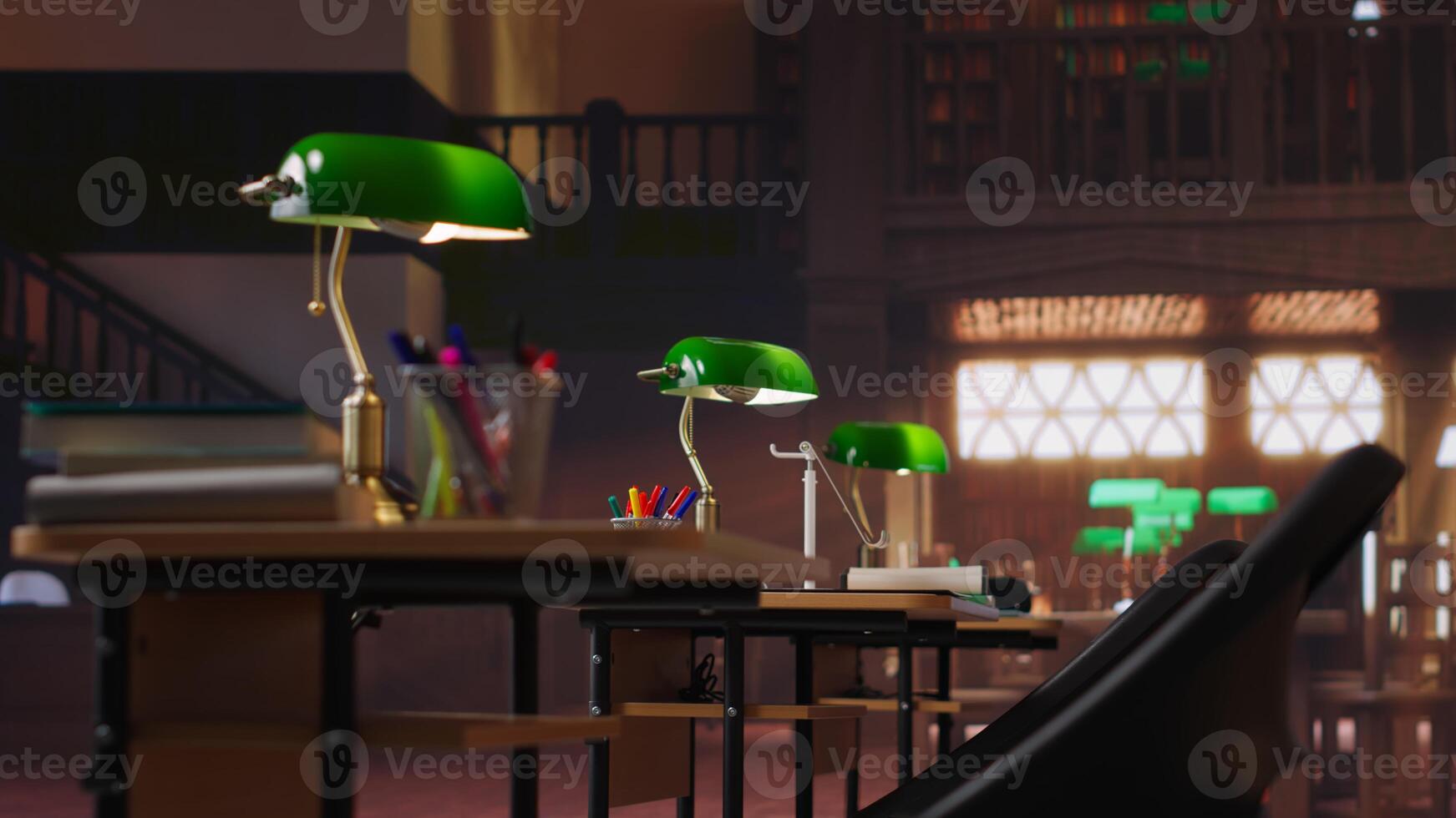 Traditional library with grand interiors featuring bookshelves and study areas, green lamps placed on wooden desks for a vintage aesthetic. Old fashioned charm of scholarly learning. photo