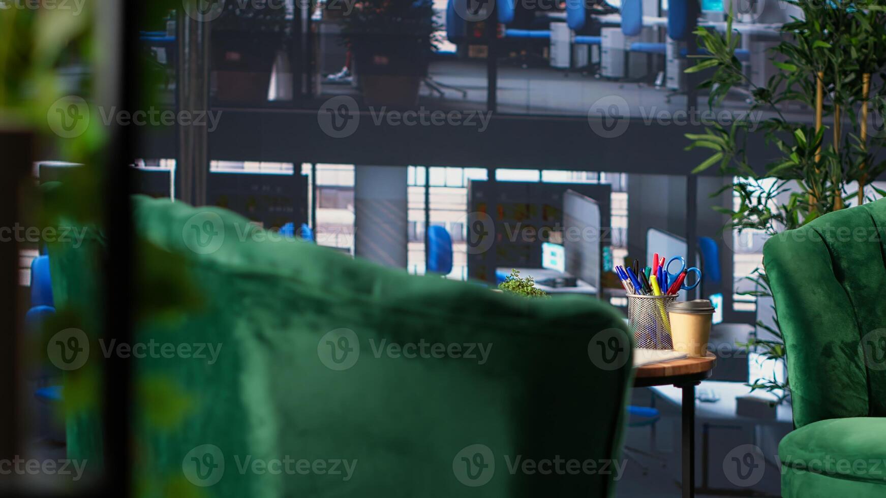Executive workspace features a digital monitor with financial charts and reports, luxurious setup emphasizes data driven insights. Empty office space used for business growth meetings. photo