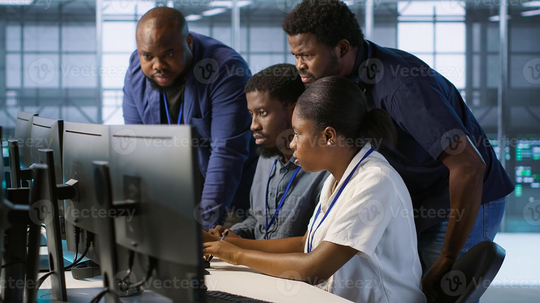 Coworkers in data center doing brainstorming, implementing AI predictive maintenance systems. Server hub colleagues discussing, using artificial intelligence to identify hardware failures, camera A photo