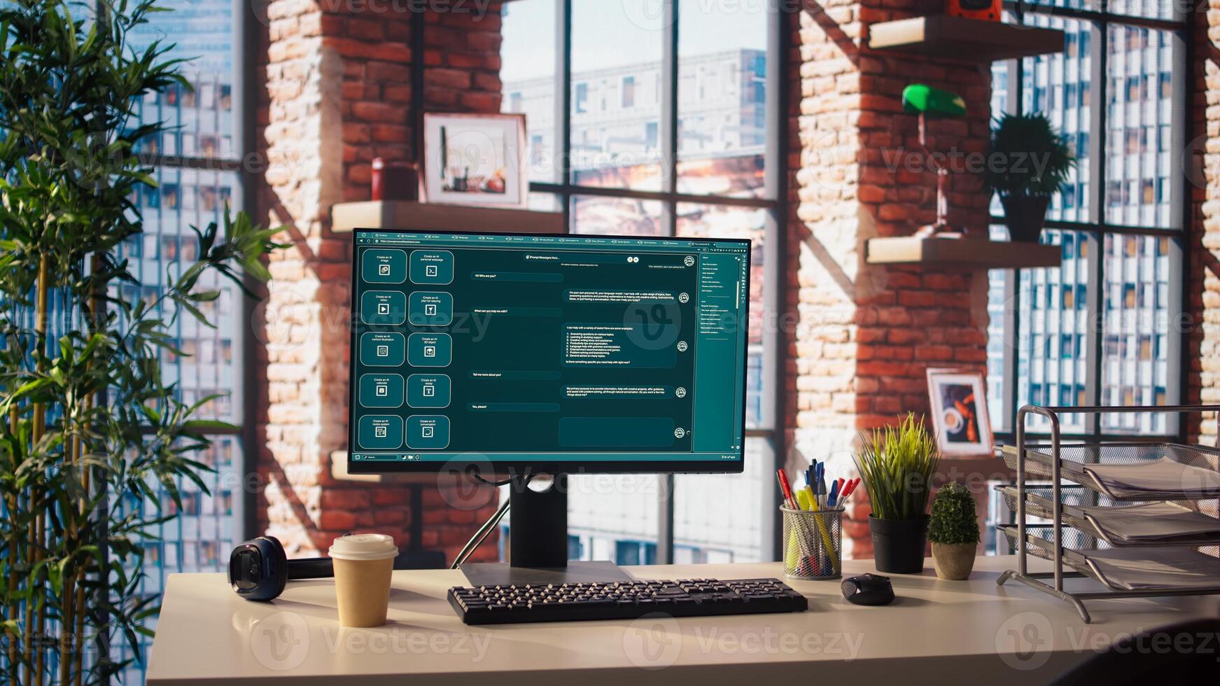 AI LLM chatbot answering user prompts using predictive technology in home office. Computer setup in apartment workspace using large language model program with artificial intelligence photo
