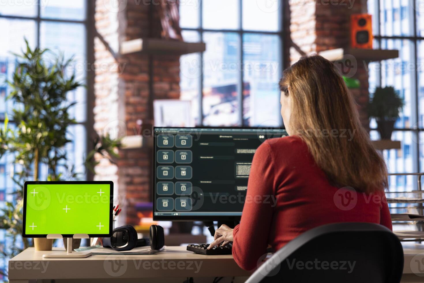 Female freelancer using AI assistant on pc for auto generated solutions, solves tasks via chatbot web interface. Advanced machine learning and smart algorithms help with efficiency. photo