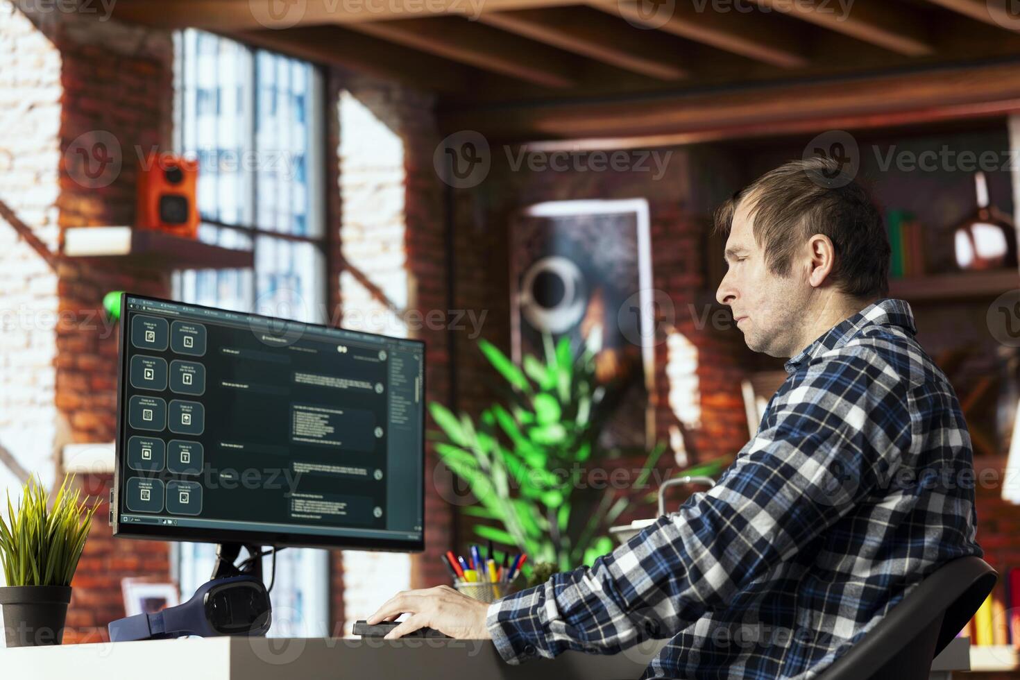 Man in home office discussing with AI LLM chatbots designed to understand human language. Person chatting with AI chatbot trained on data enabling them to answer user questions photo