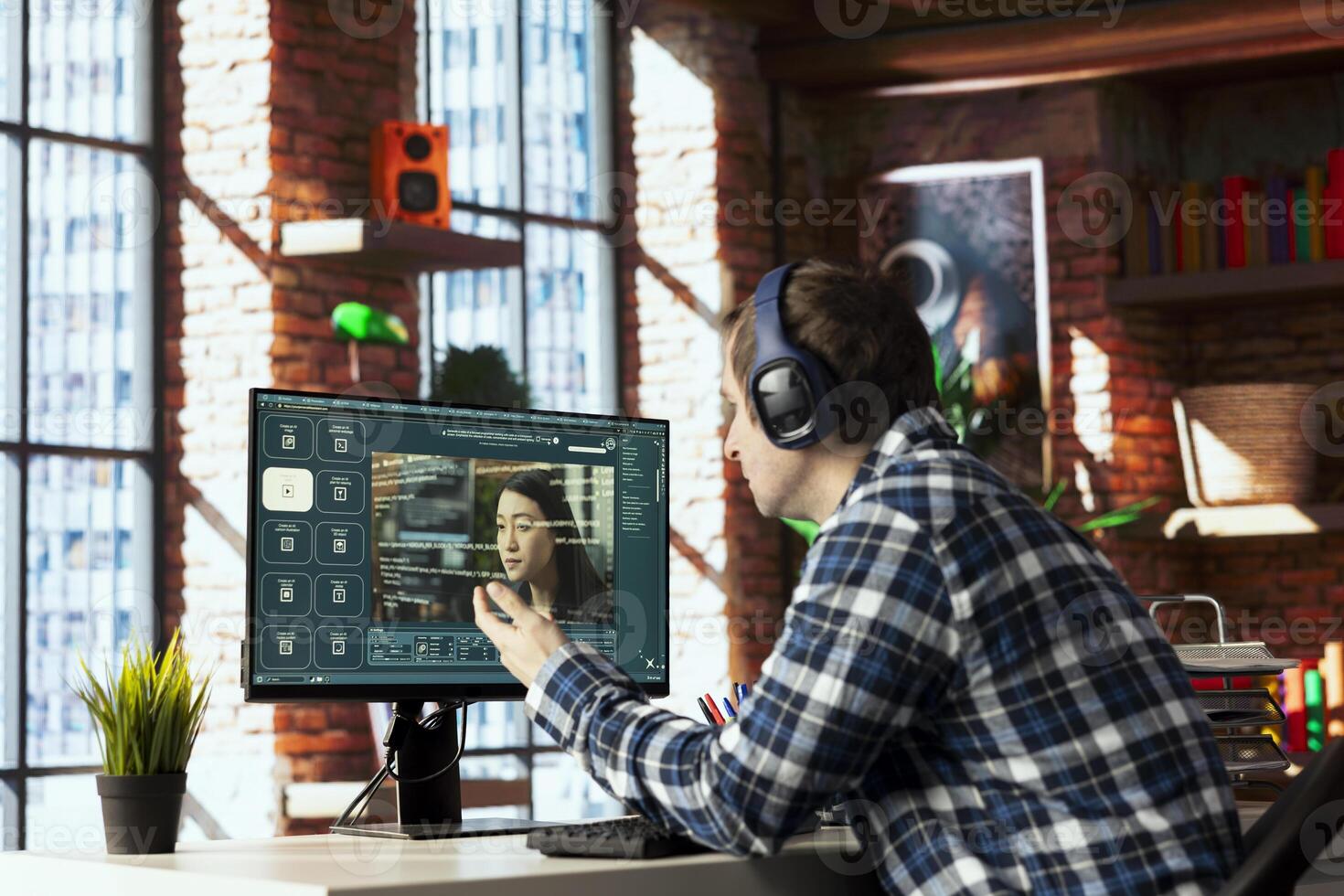 Teleworker in home office using program converting text prompts into output. Remotely working content creator using text to image generative models AI tech on computer photo