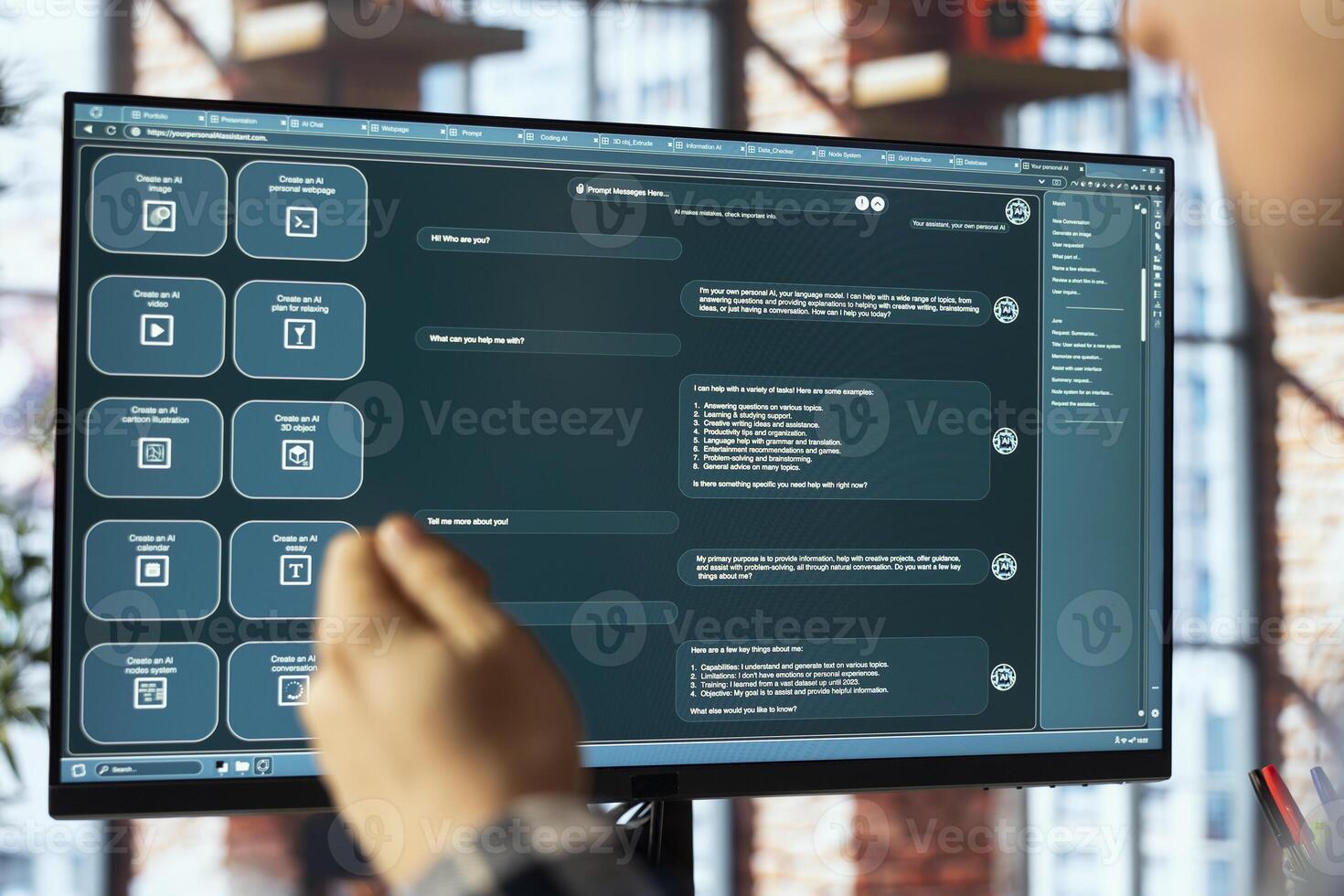 Man in home office uses large language model chatbot able to engage in humanlike interactions. Close up of artificial intelligence LLM on PC screen handling user requests photo