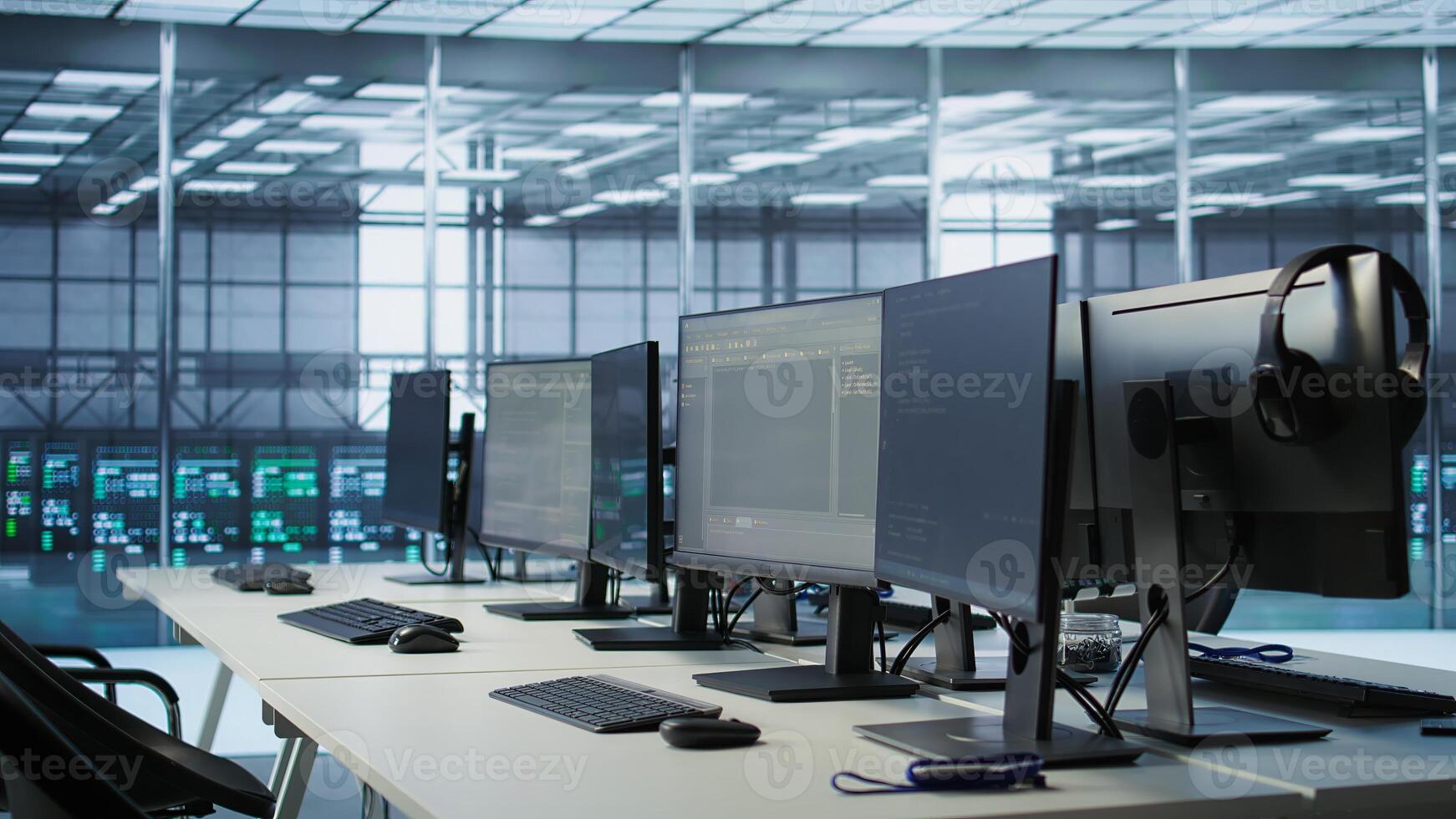 Close up of tablet in high tech data center business used for maintaining network gear. Focus on programming app on device in server farm used to ensure optimal system performance photo