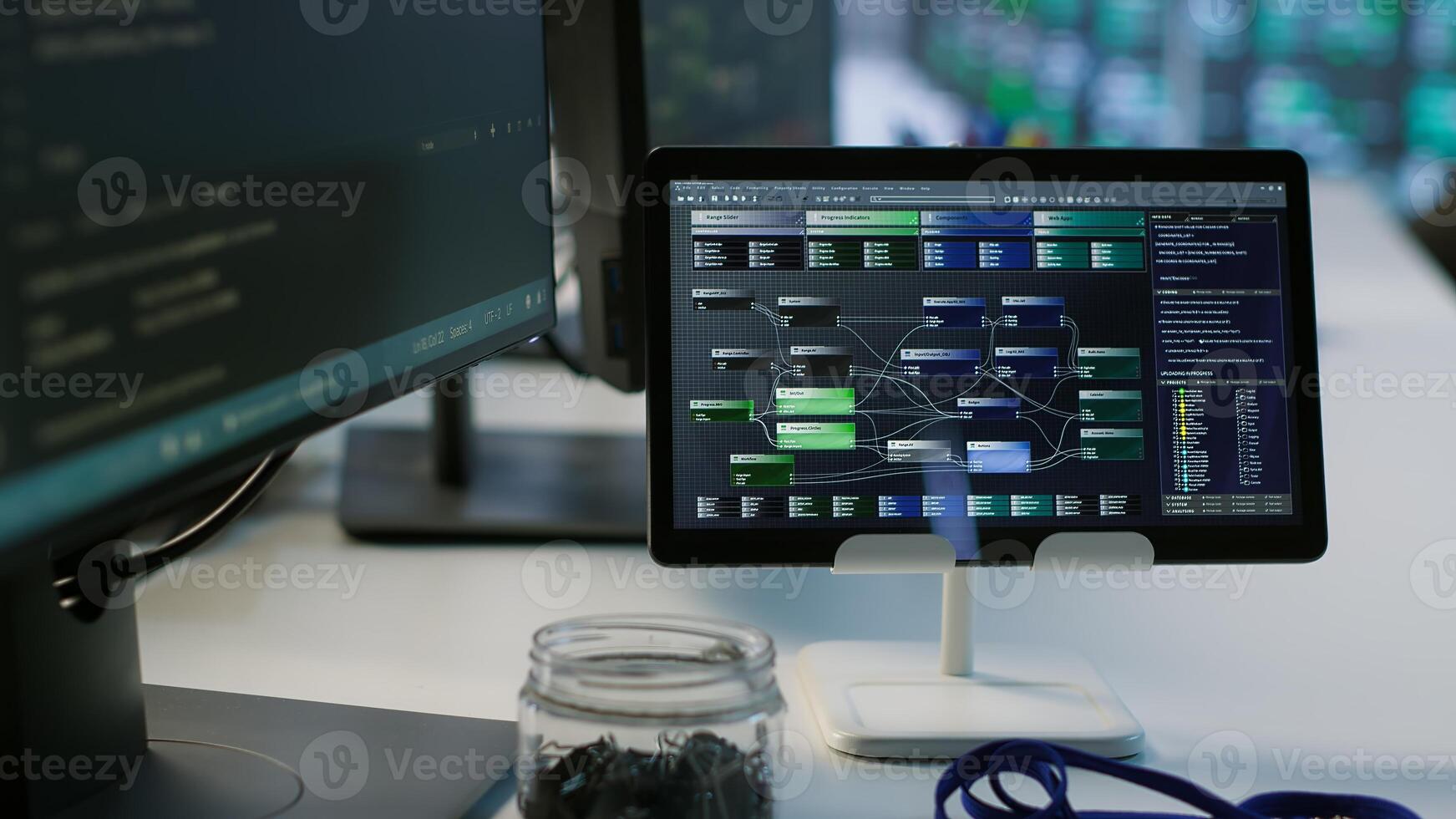 Close up of tablet in data center workspace used for controlling company network infrastructure. Focus on coding software on device in server room used to ensure optimal system performance photo