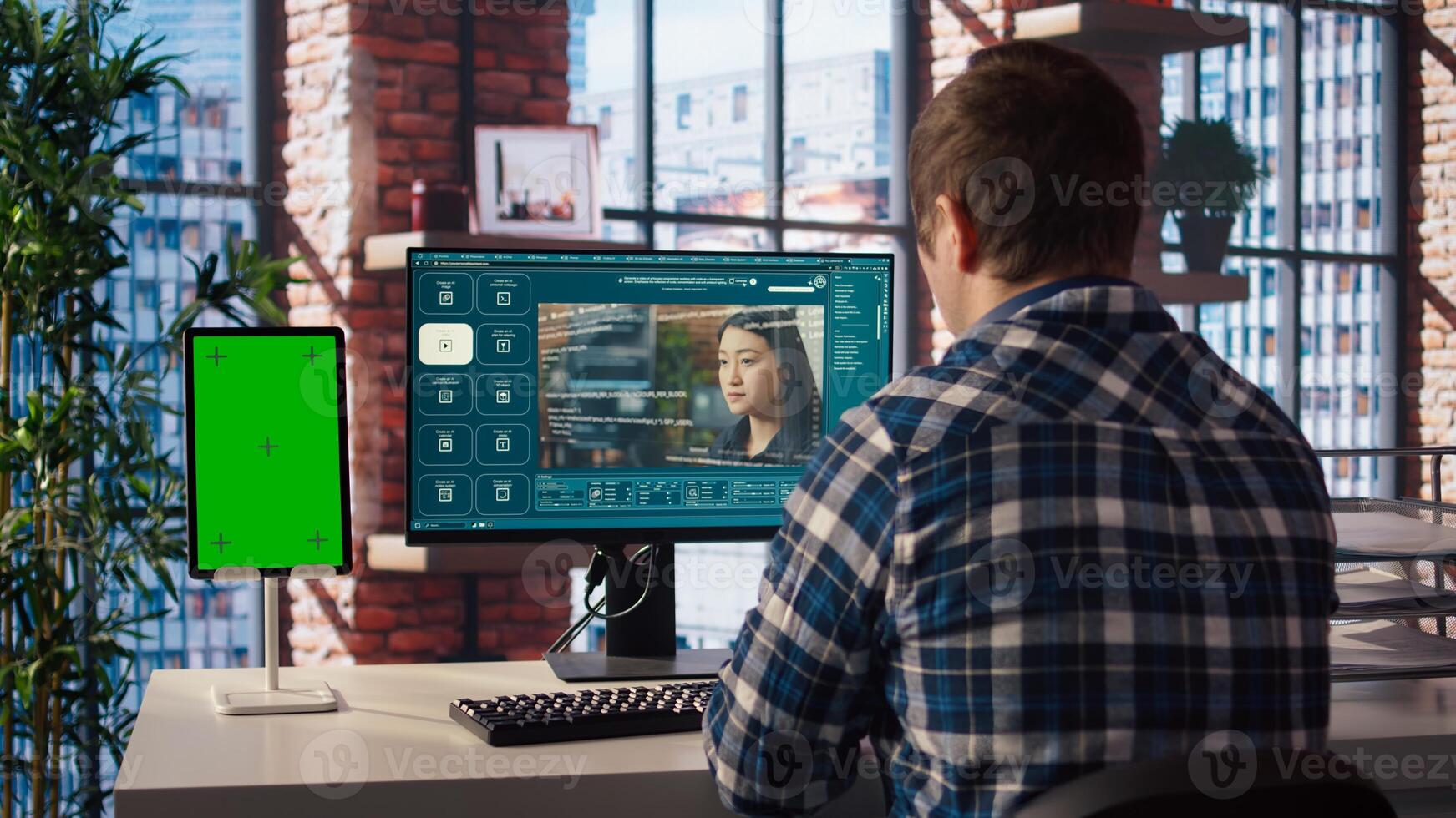Man looking at tutorial on green screen tablet to learn how to use text to generative models. Man in home office watching guide on mockup device about AI program, camera A photo