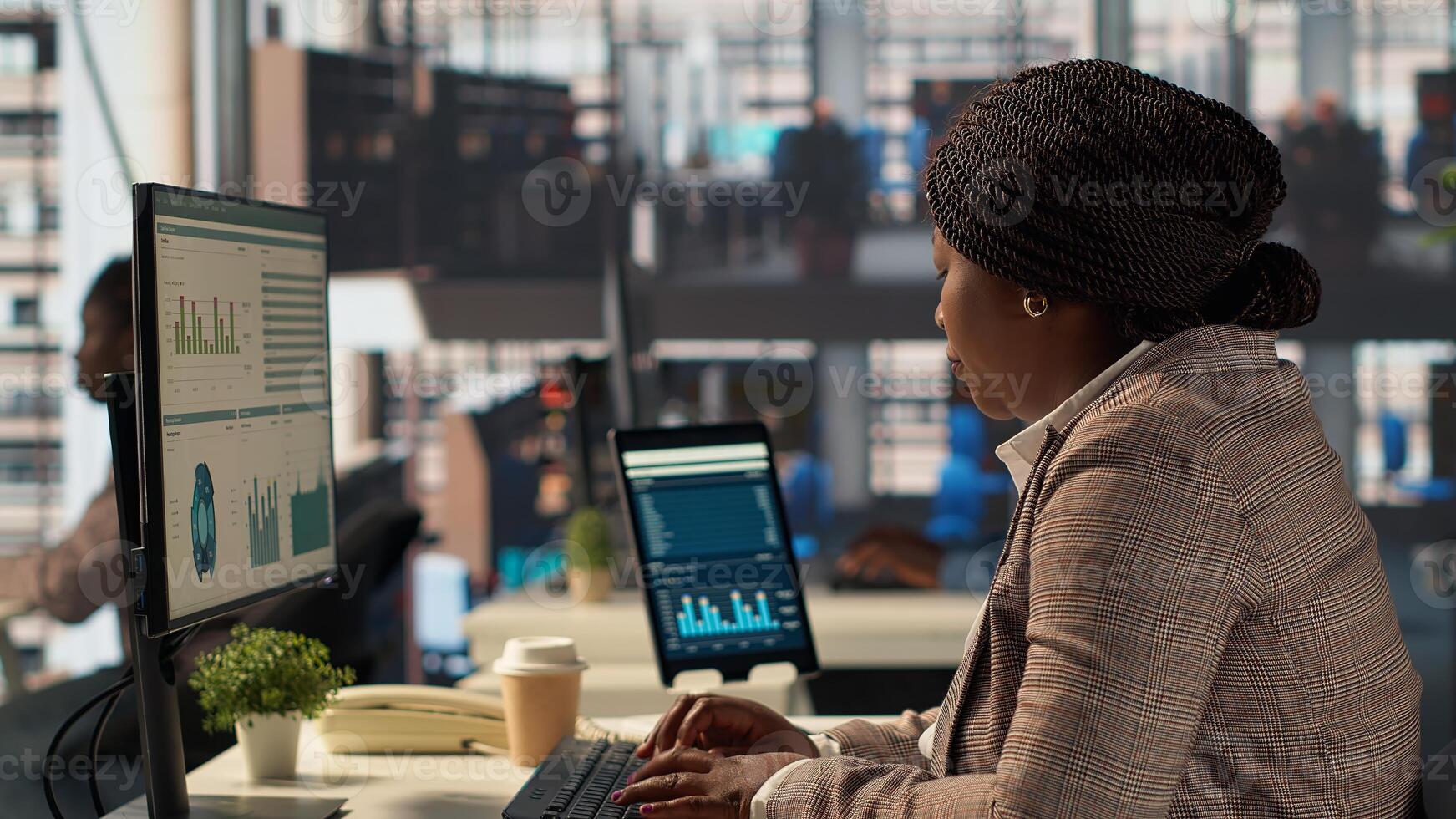 Professional business staff managing financial data to solve tasks for development, report writing at desk. Focused female manager using expertise to accomplish administrative tasks. Camera A. photo