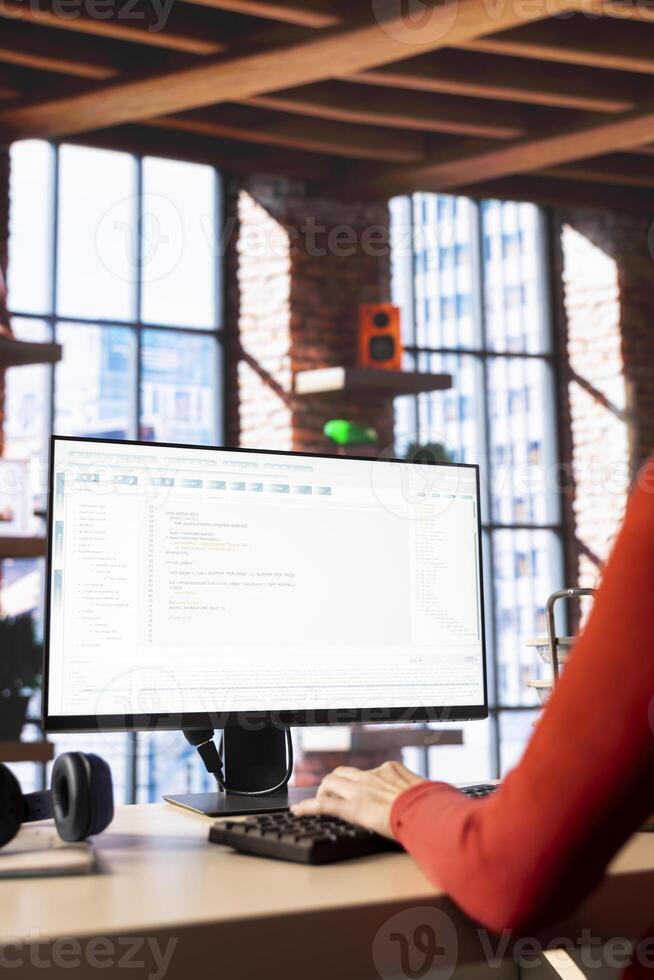Advanced AI chatbot software displayed on a computer screen, an intelligent system that provides real time virtual assistance. Automation and artificial intelligence for seamless productivity. photo