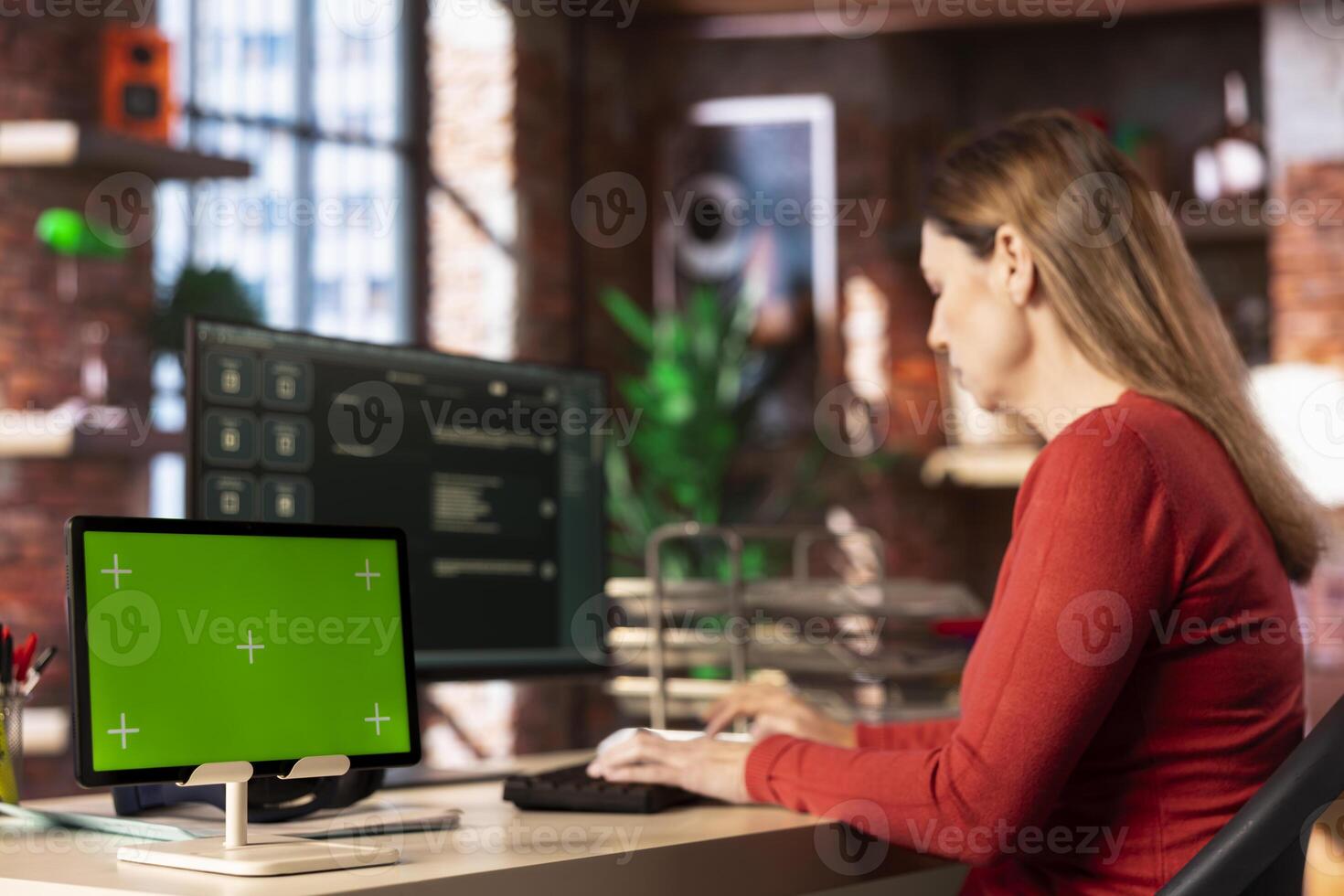 Adult working with a digital AI chatbot system next to copy space at home, doing remote work. Artificial intelligence powered interface simplifies communication and increases efficiency. photo