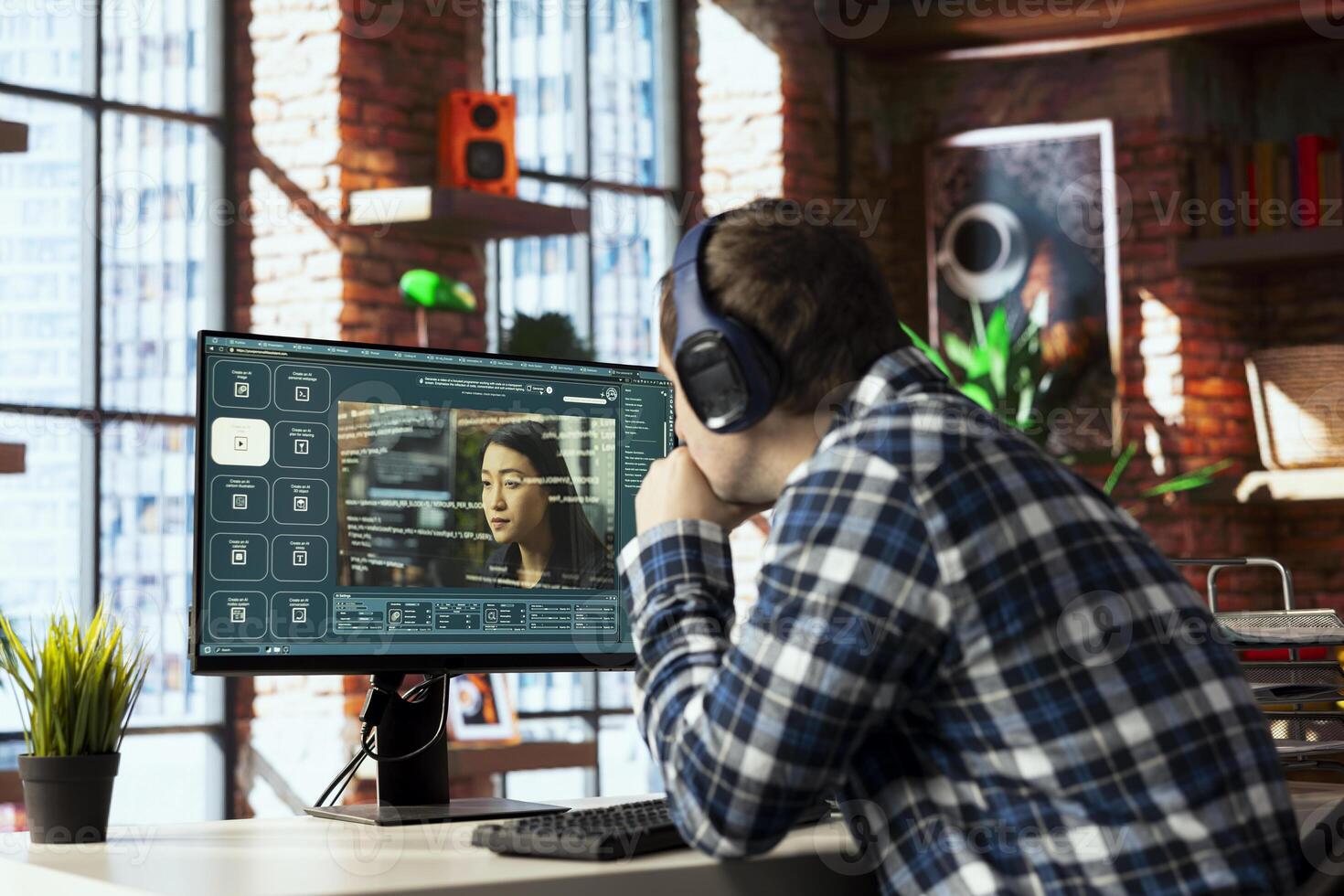 Man in home office listening music and using generative artificial intelligence GPT generating videos. Person wearing headphones uses AI virtual assistant producing clips from prompts photo