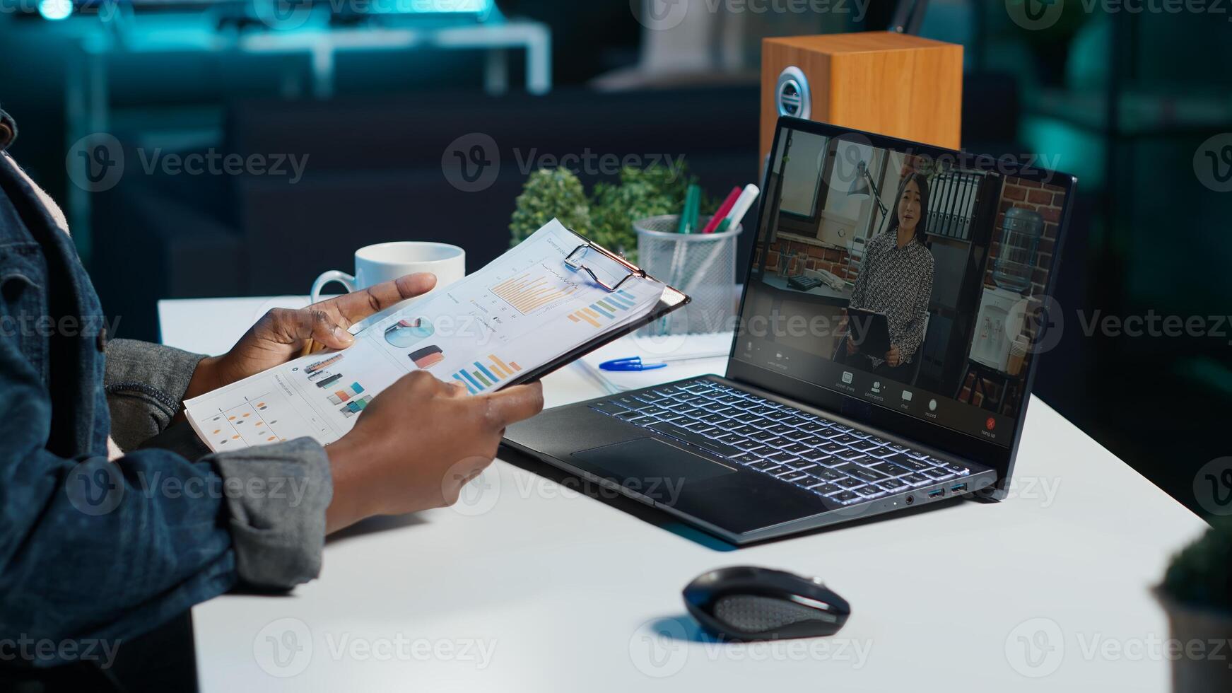 Employee working from home doing business meeting videocall with manager requesting to see financial charts. Teleworker in remote teleconference call with team leader showing task progress, camera A photo