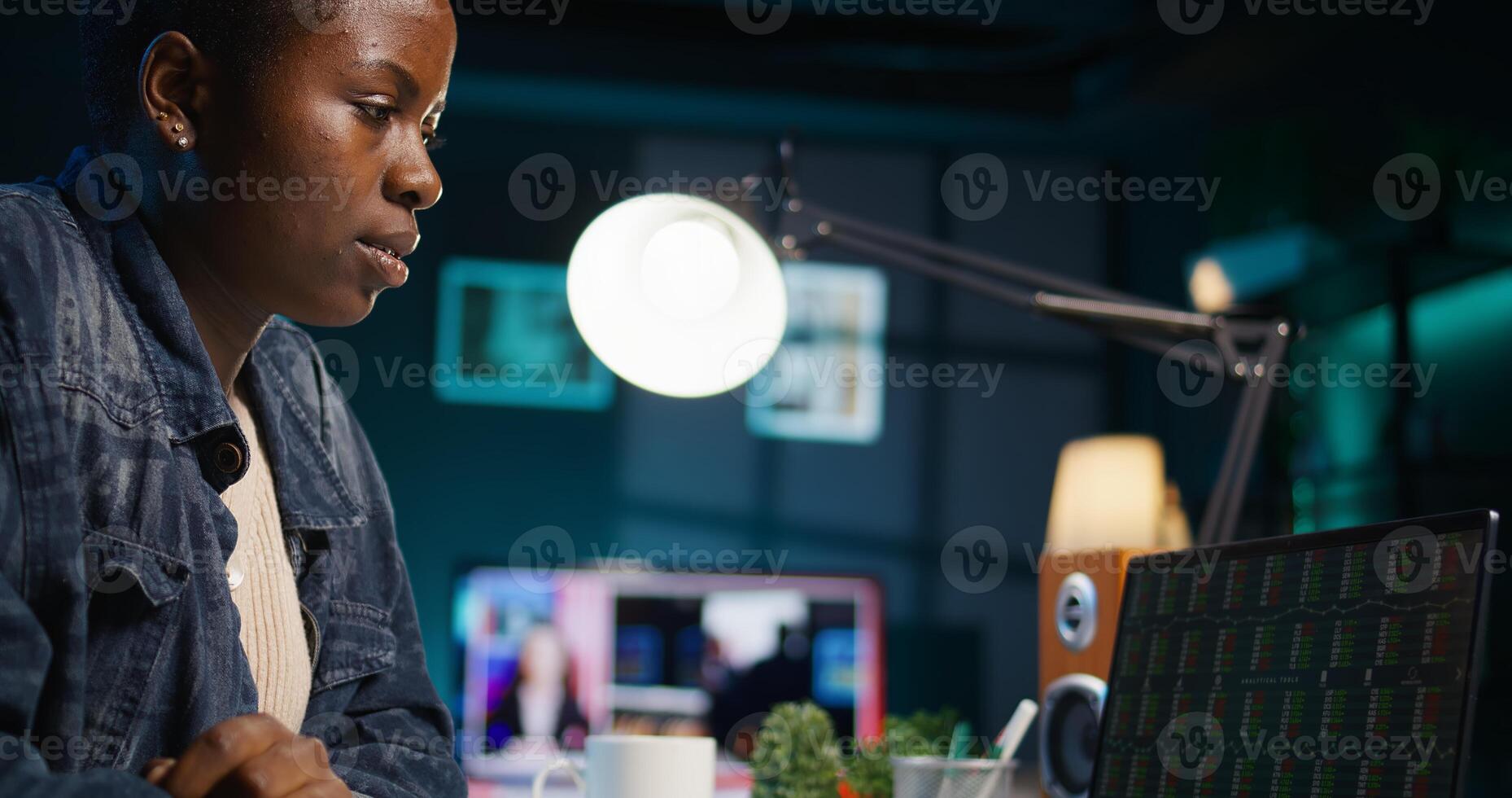 Freelancing broker investor checking stock exchange valuation economic figures, doing calculations. Stockholder working from home looking at market shares growth, camera B close up photo