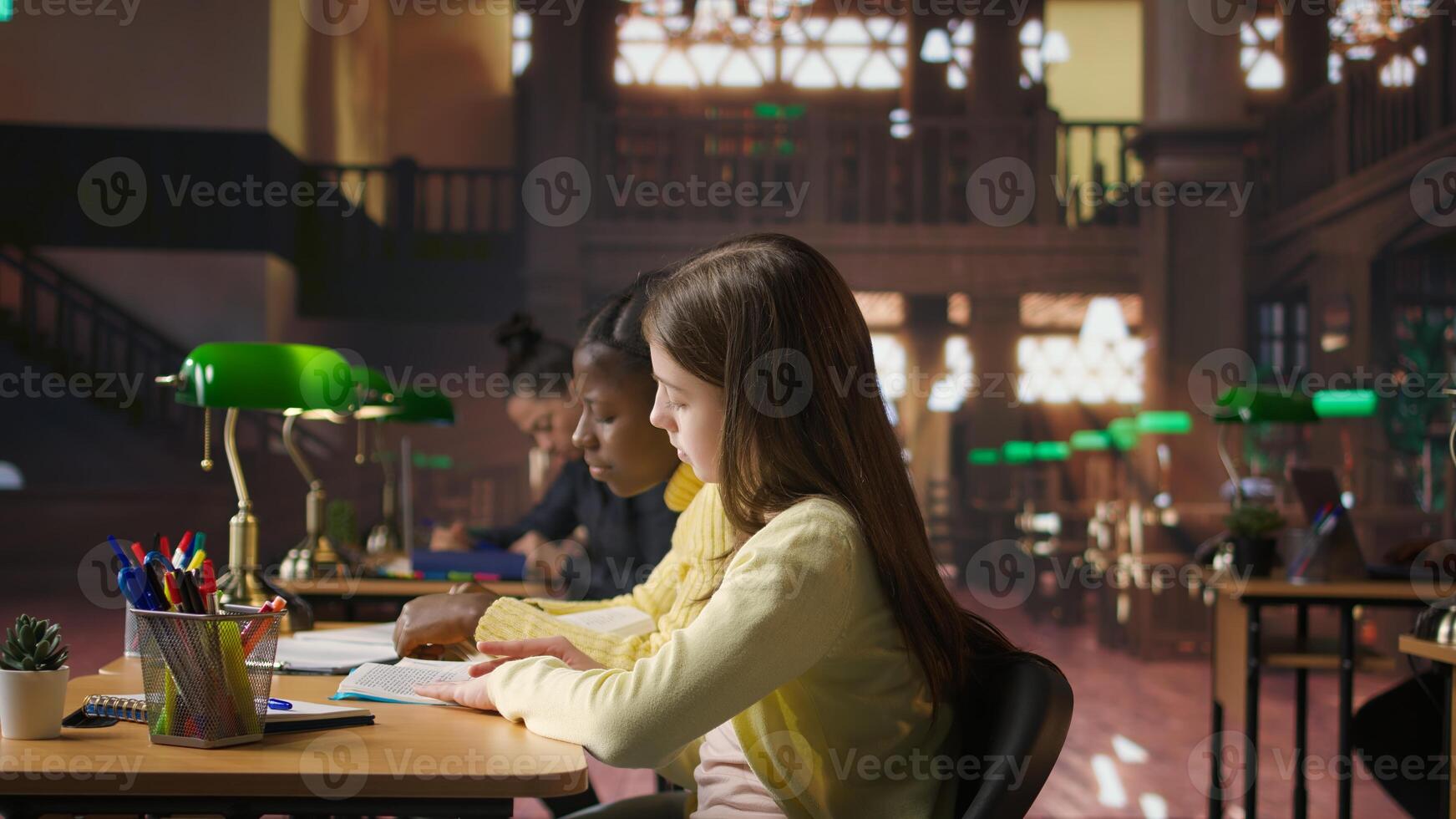 Preteen girls focus on reading the required books at a study desk, developing their academic skills and literary language at the library. Scholars enjoy lecture for the school curriculum. Camera A. photo