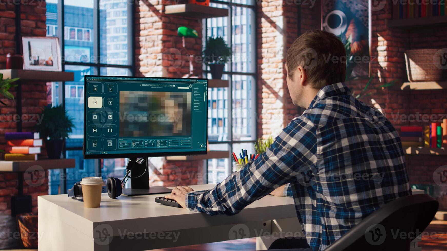Person at home getting tasks done with AI program turning text prompt into videos. Man using computer to make use of text to artificial intelligence generative models, camera A photo