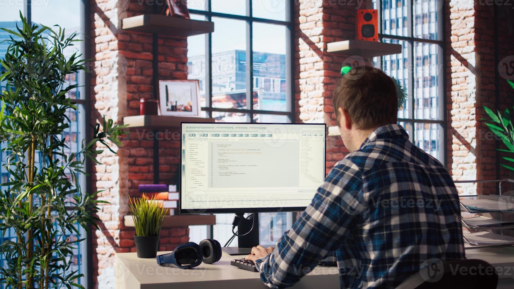 Software developer at computer coding, creating software, implementing algorithms. IT expert in home office working with code editor, building applications, optimizing performance, camera A photo