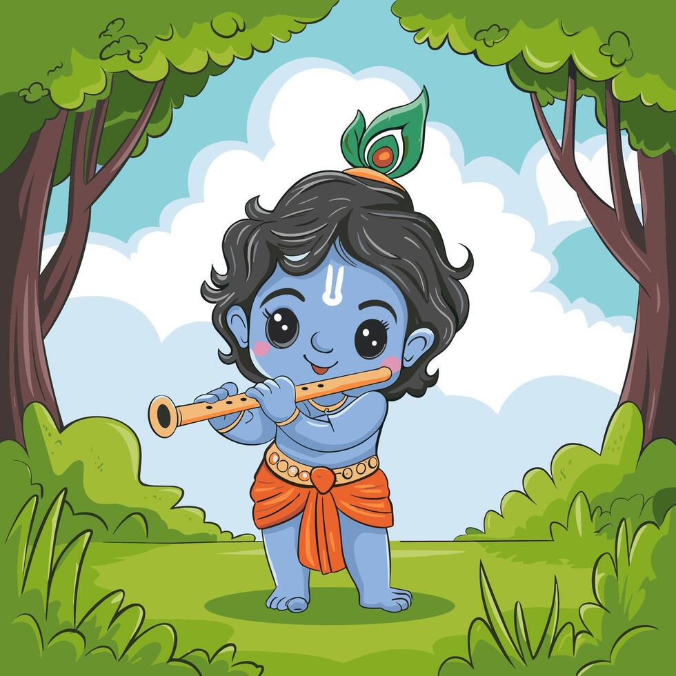 cute Little krishna cartoon illustration vector