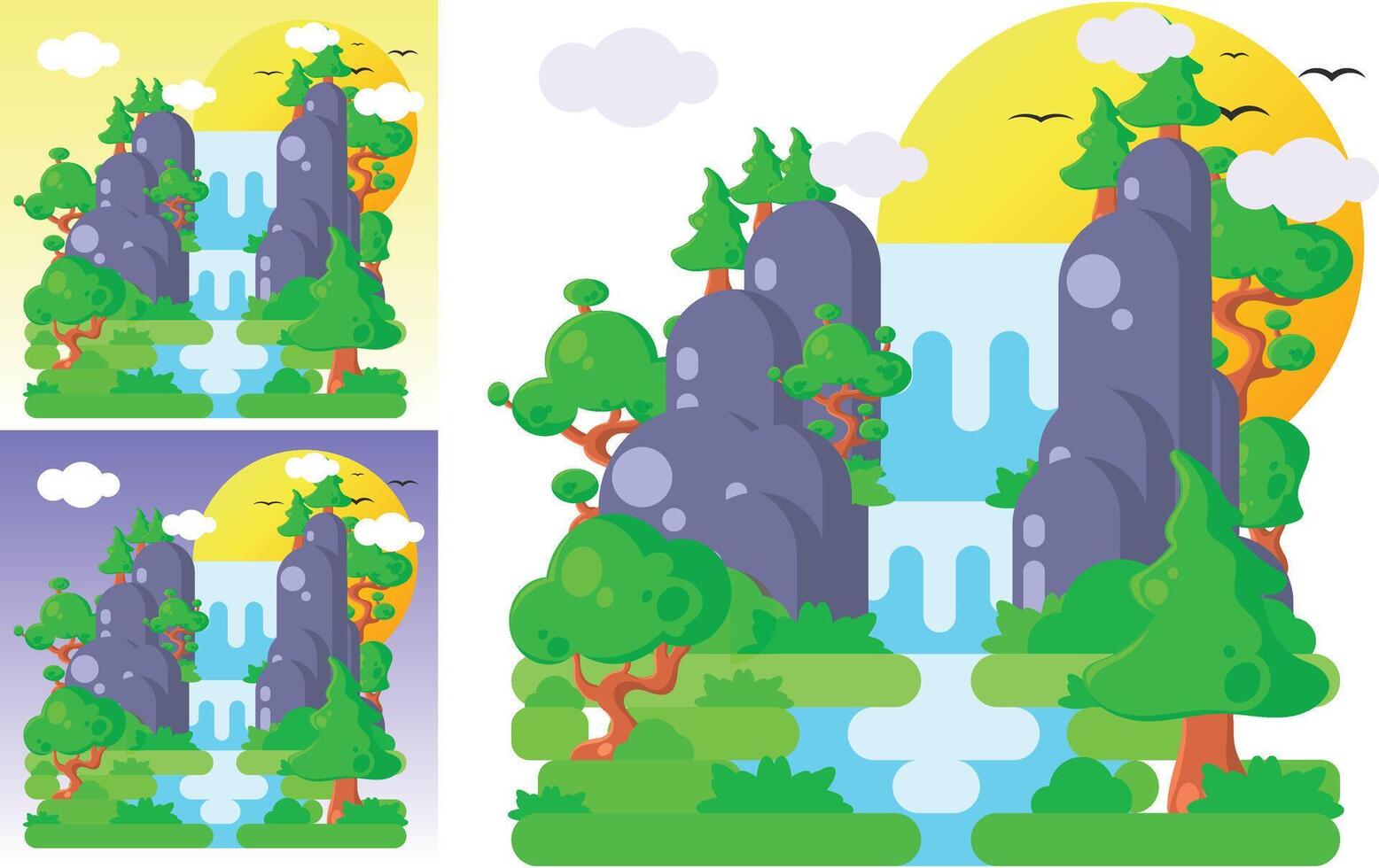 cartoon illustration of waterfalls and trees vector