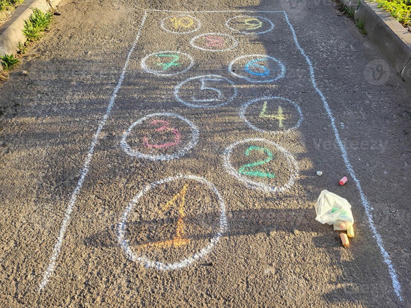 In the courtyard on the asphalt there is a drawing of classics in chalk figures in circles. photo