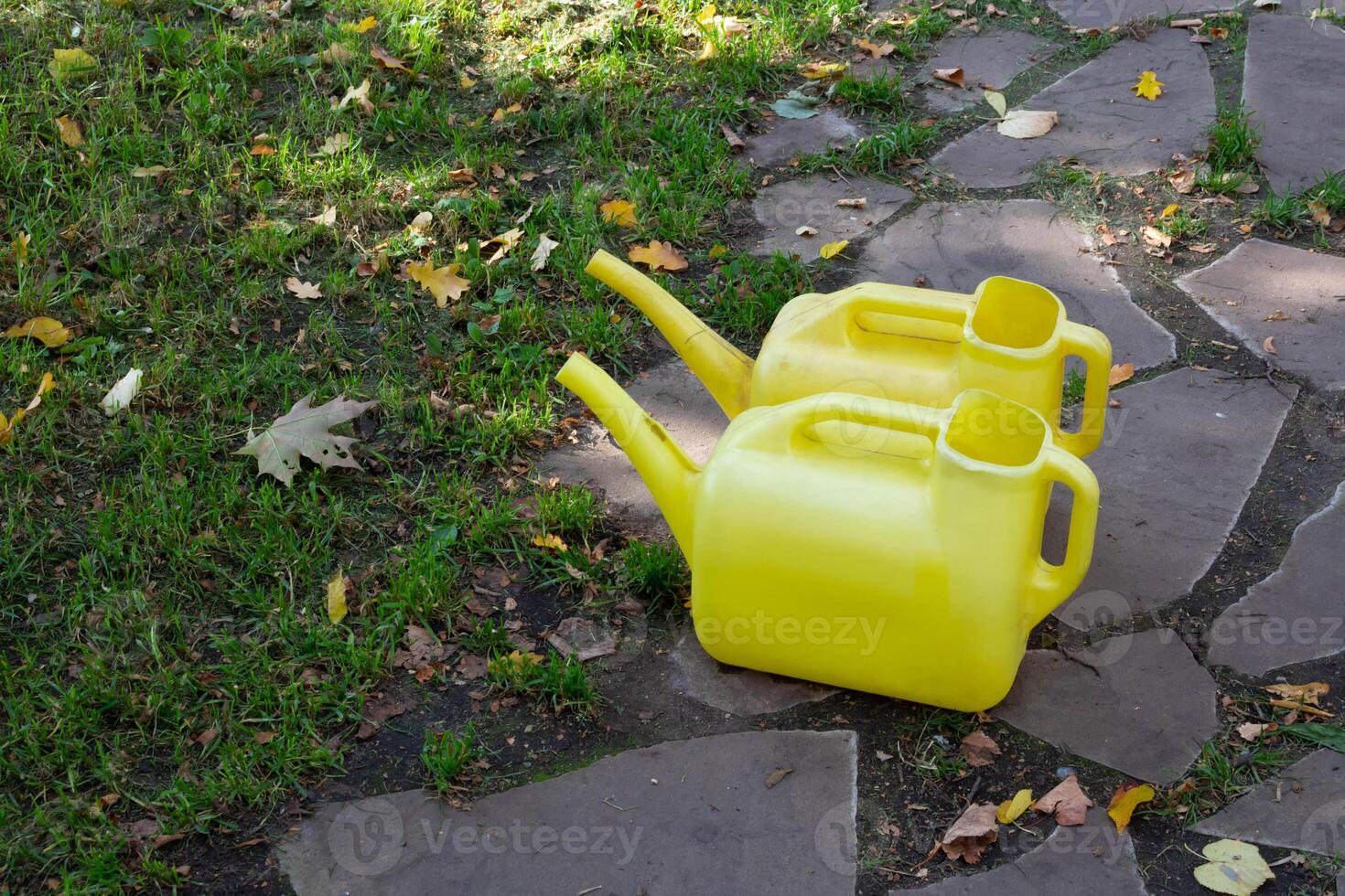 Two yellow watering cans stand in the autumn garden on the concrete tiles of the sidewalk. photo
