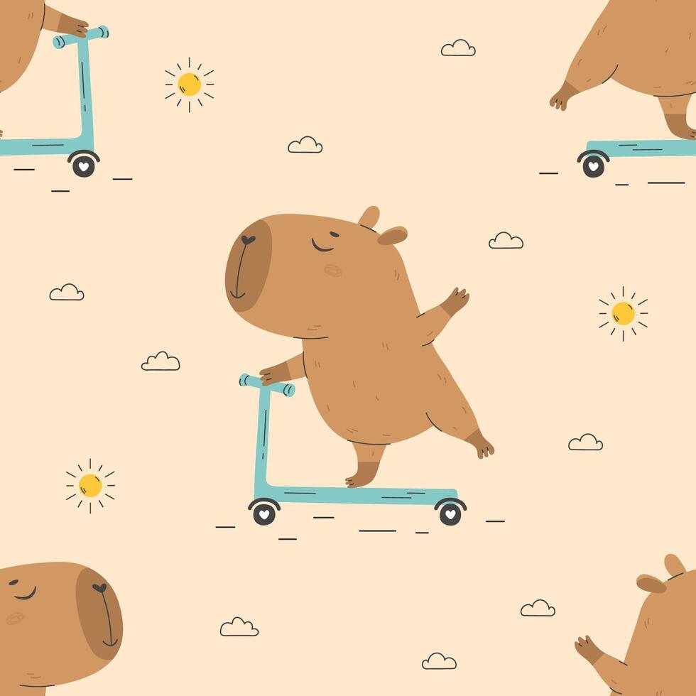 Pattern with cute capybara riding kick scooter vector